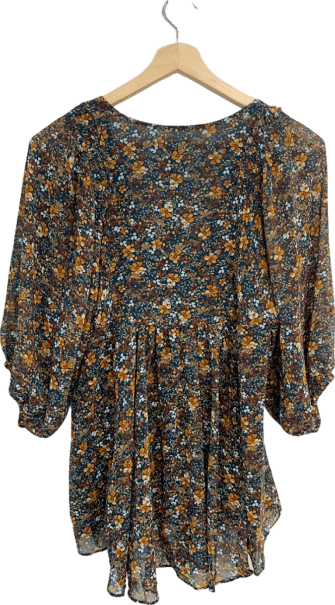 Apricot Green Floral Volume Sleeve Chiffon Tunic UK XS - Reliked
