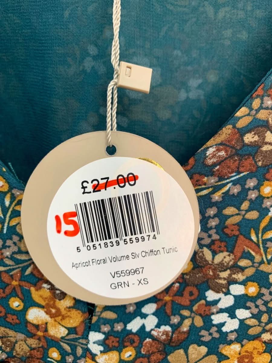 Apricot Green Floral Volume Sleeve Chiffon Tunic UK XS - Reliked