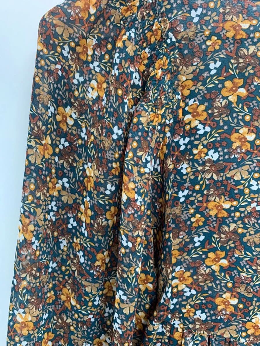 Apricot Green Floral Volume Sleeve Chiffon Tunic UK XS - Reliked
