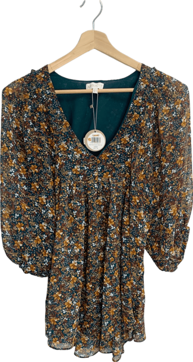 Apricot Green Floral Volume Sleeve Chiffon Tunic UK XS - Reliked