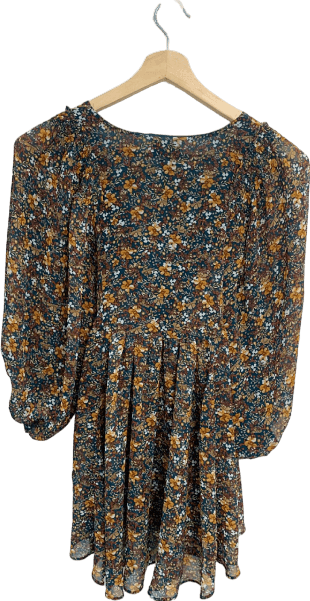 Apricot Green Floral Volume Sleeve Chiffon Tunic UK XS - Reliked