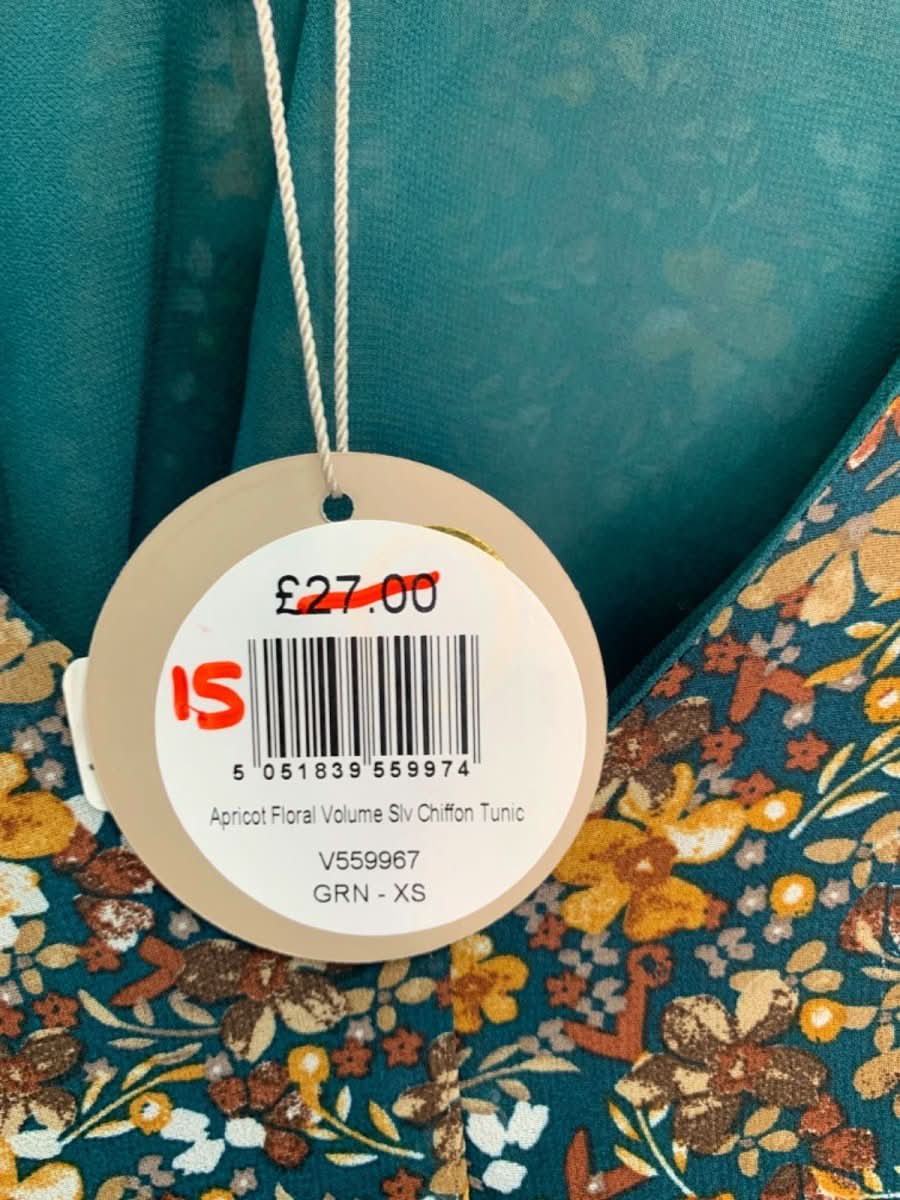 Apricot Green Floral Volume Sleeve Chiffon Tunic UK XS - Reliked