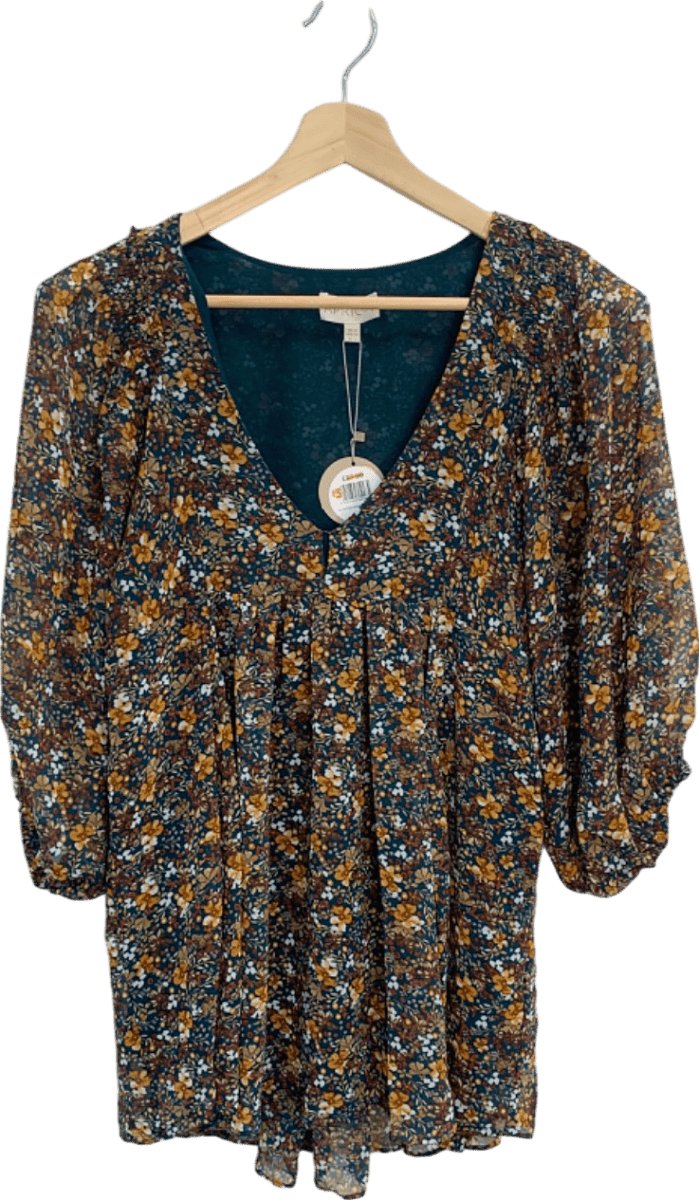 Apricot Green Floral Volume Sleeve Chiffon Tunic UK XS - Reliked