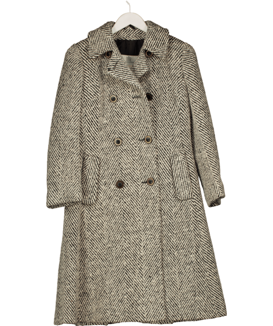 Aquascutum Black White Herringbone Wool Double Breasted Coat UK XS - Reliked