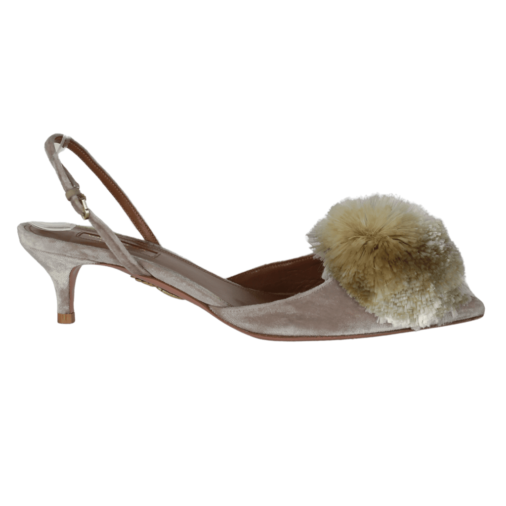Aquazzura Beige Velvet Powder Puff Pompom Kitten Heel Shoes UK 4.5 EU 37.5 👠 - Reliked