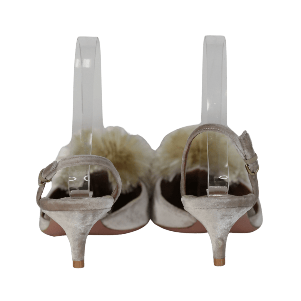 Aquazzura Beige Velvet Powder Puff Pompom Kitten Heel Shoes UK 4.5 EU 37.5 👠 - Reliked