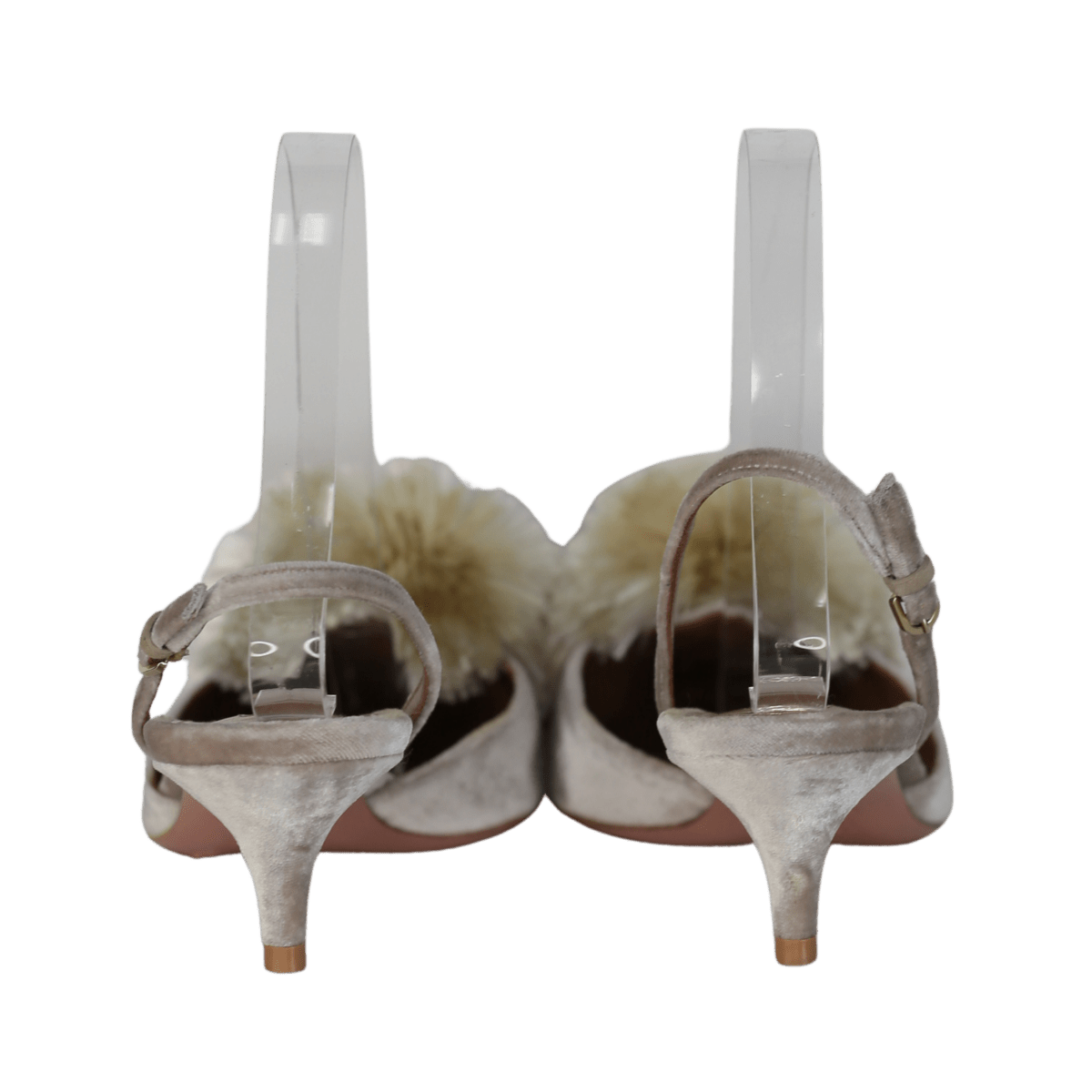 Aquazzura Beige Velvet Powder Puff Pompom Kitten Heel Shoes UK 4.5 EU 37.5 👠 - Reliked