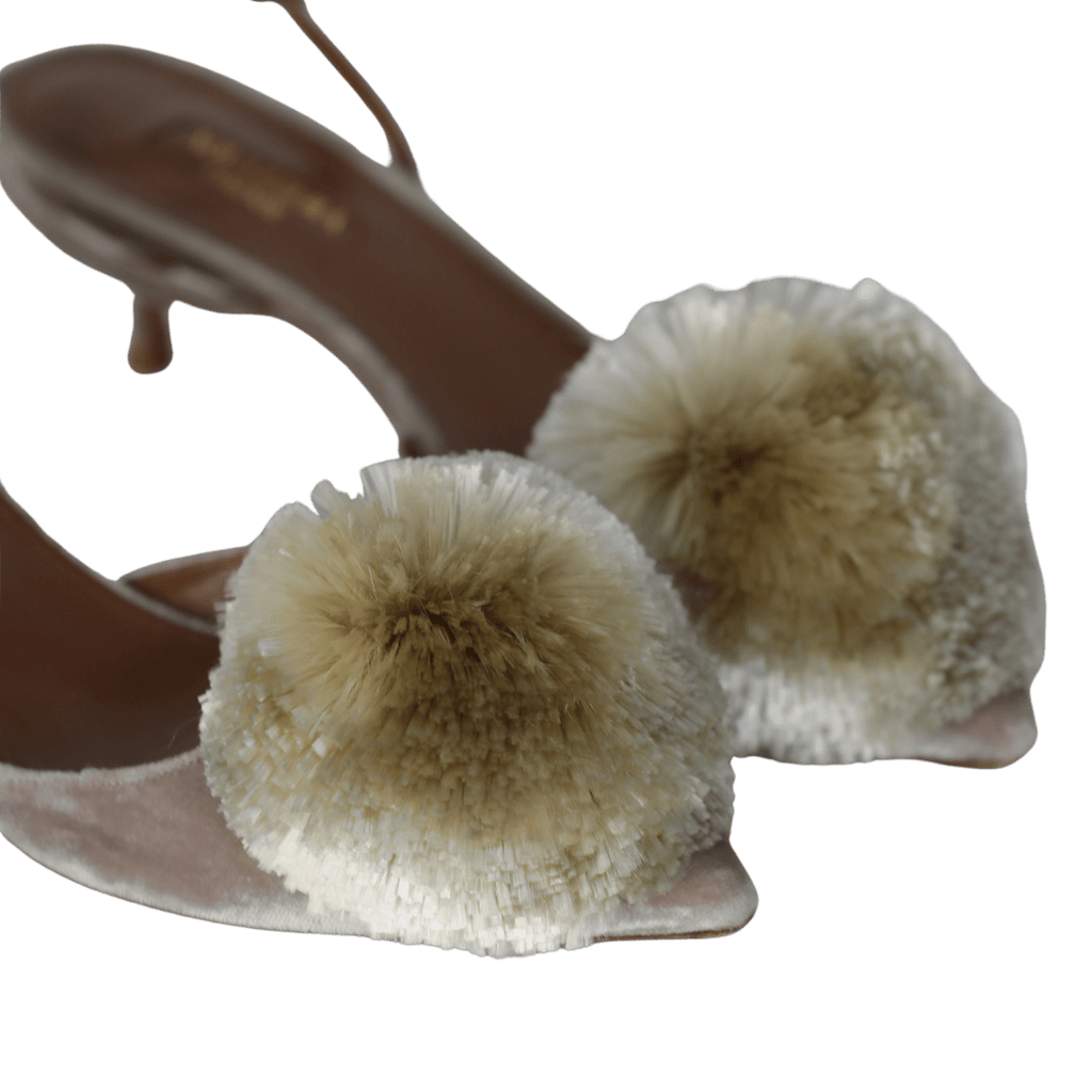 Aquazzura Beige Velvet Powder Puff Pompom Kitten Heel Shoes UK 4.5 EU 37.5 👠 - Reliked
