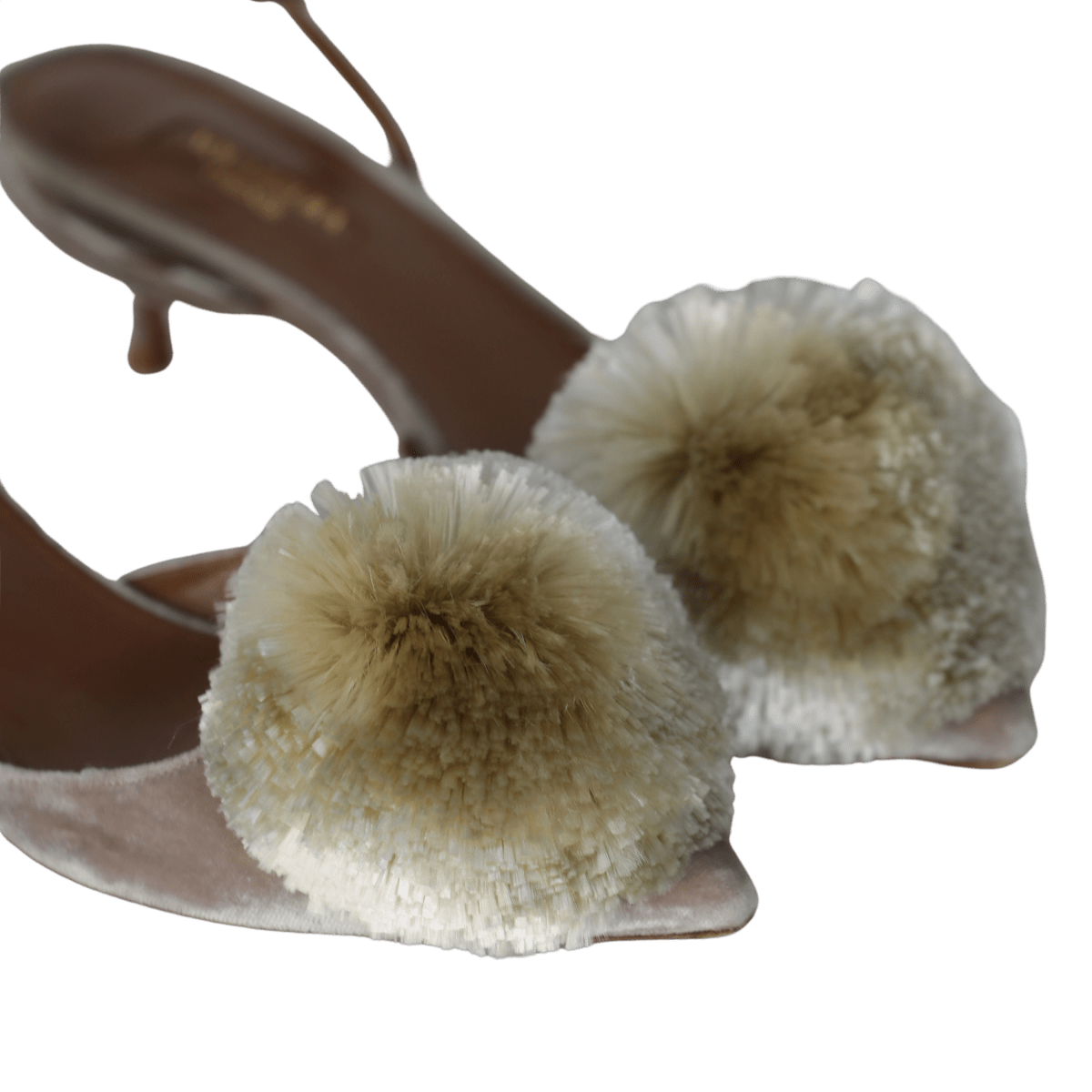 Aquazzura Beige Velvet Powder Puff Pompom Kitten Heel Shoes UK 4.5 EU 37.5 👠 - Reliked