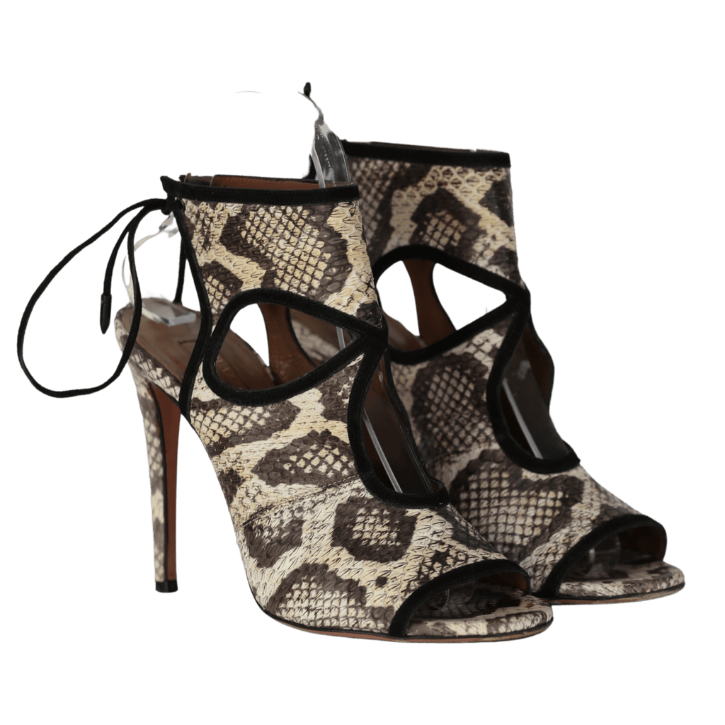 Aquazzura Sexy Thing Python Print Peep Toe Pumps In Beige Leather UK 4 EU 37 👠 - Reliked