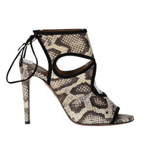 Aquazzura Sexy Thing Python Print Peep Toe Pumps In Beige Leather UK 4 EU 37