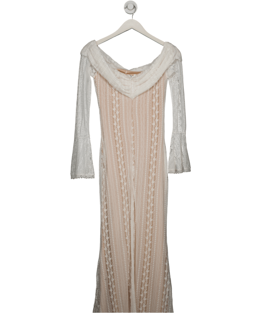 Aria Cove Pointelle Knit Bardot Flare Sleeve Maxi Dress In White UK 8 - Reliked