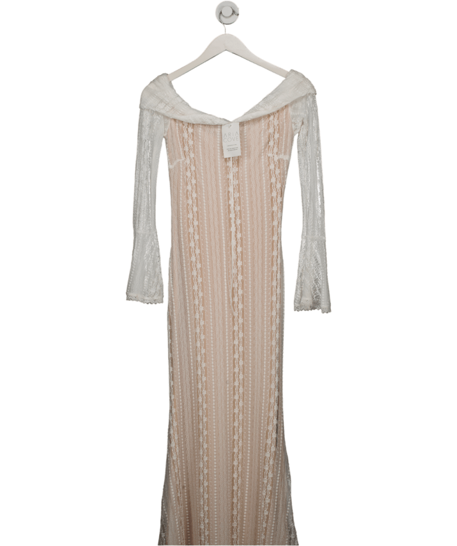 Aria Cove Pointelle Knit Bardot Flare Sleeve Maxi Dress In White UK 8 - Reliked