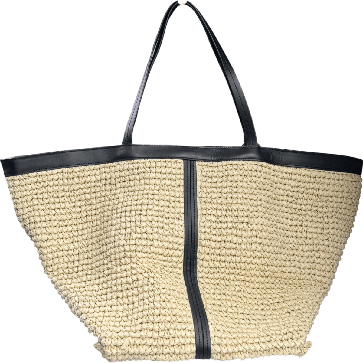 Arket Beige Straw Tote Bag with black leather trim - Reliked