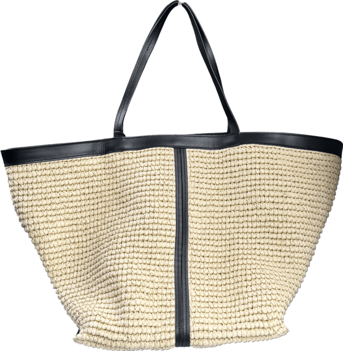 Arket Beige Straw Tote Bag with black leather trim - Reliked