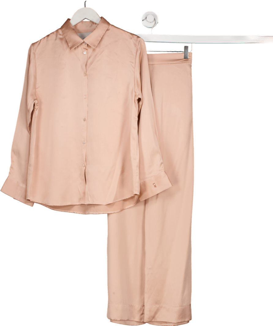 ASCENO Pink 2 - piece London Trouser And Shirt Set Pale Blush Silk - Mongrammed Cuff 'lw" UK S - Reliked