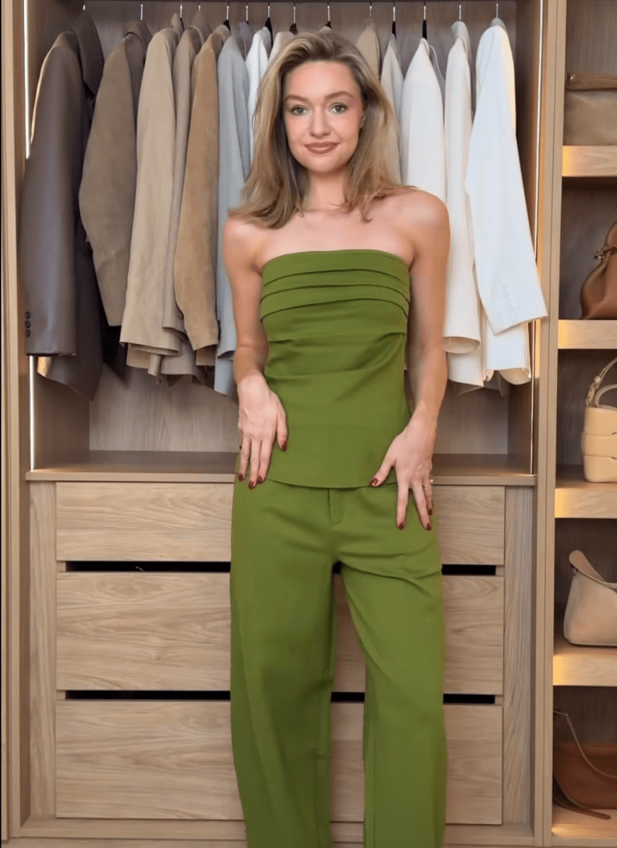 ASOS 2 - piece Co - ord Ponte Pleated Bandeau Top Barrel Leg Trousers In Olive Green UK 10 - Reliked