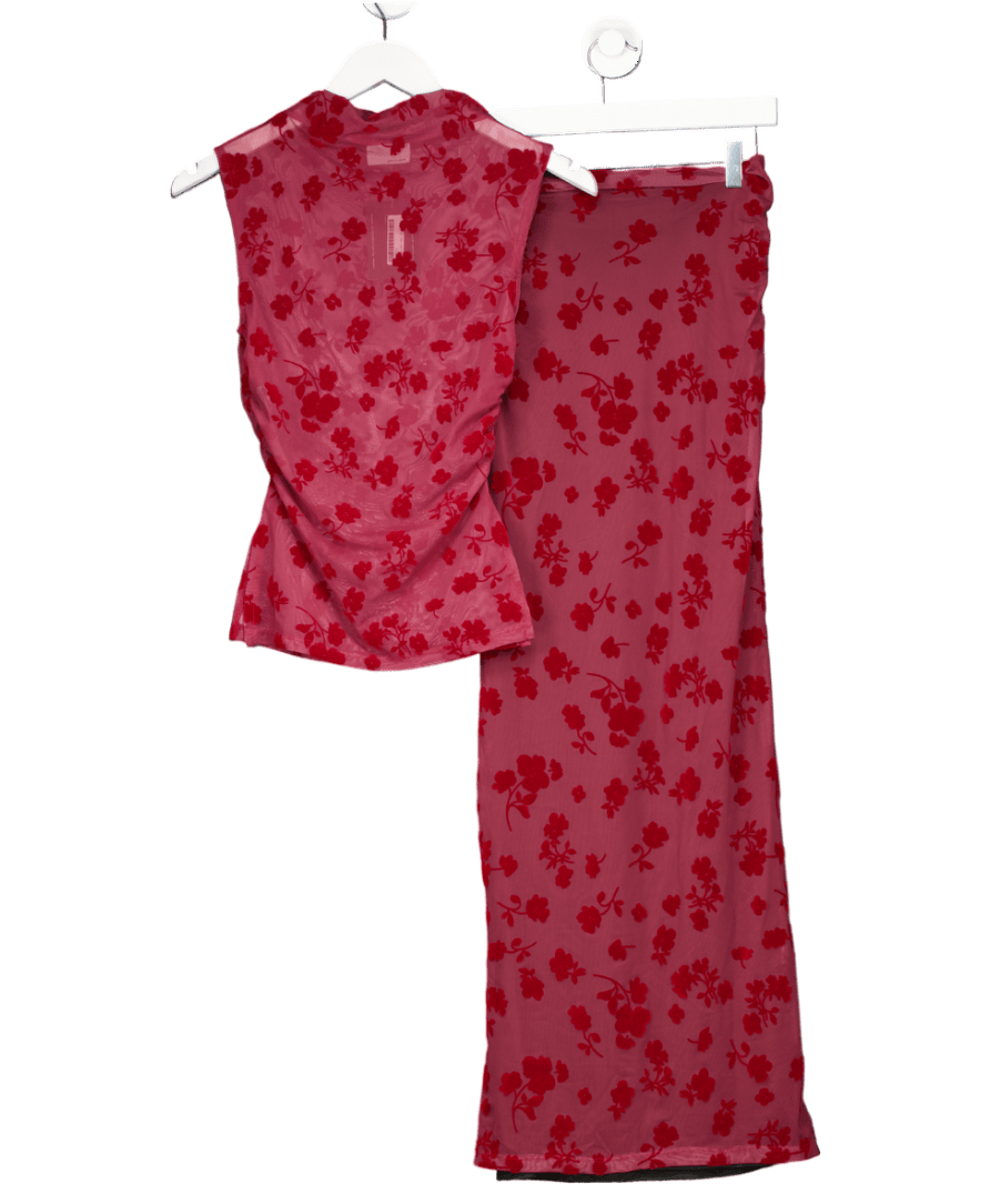 ASOS 2 - piece Flocked Mesh Co Ord High Neck Top And Skirt In Red UK XS - Reliked