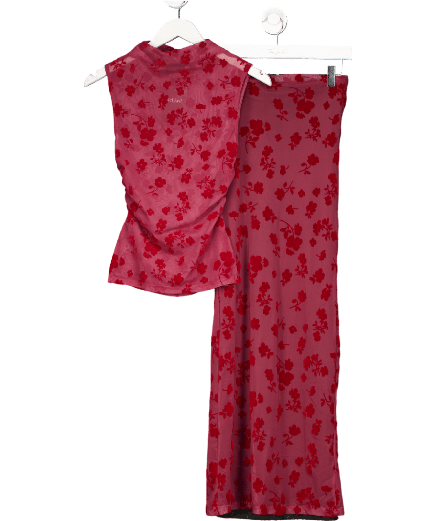 ASOS 2 - piece Flocked Mesh Co Ord High Neck Top And Skirt In Red UK XS - Reliked