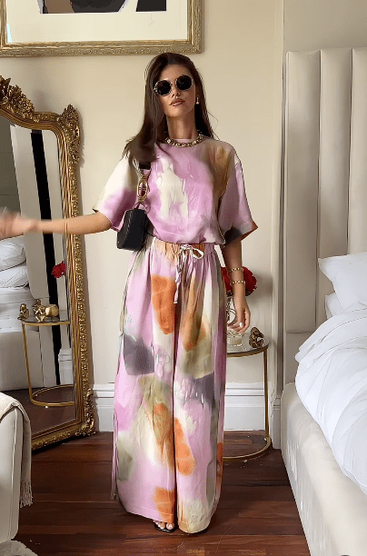 ASOS 2 - piece Purple Super Wide Leg Drawstring Trousers And Top Set In Bold Watercolour UK 6 - Reliked