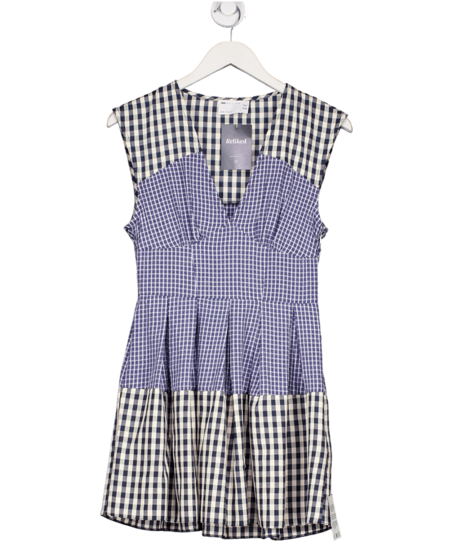 ASOS Blue Design V Neck Mini Fit And Flare Dress In Contrast Navy Gingham UK 8 - Reliked