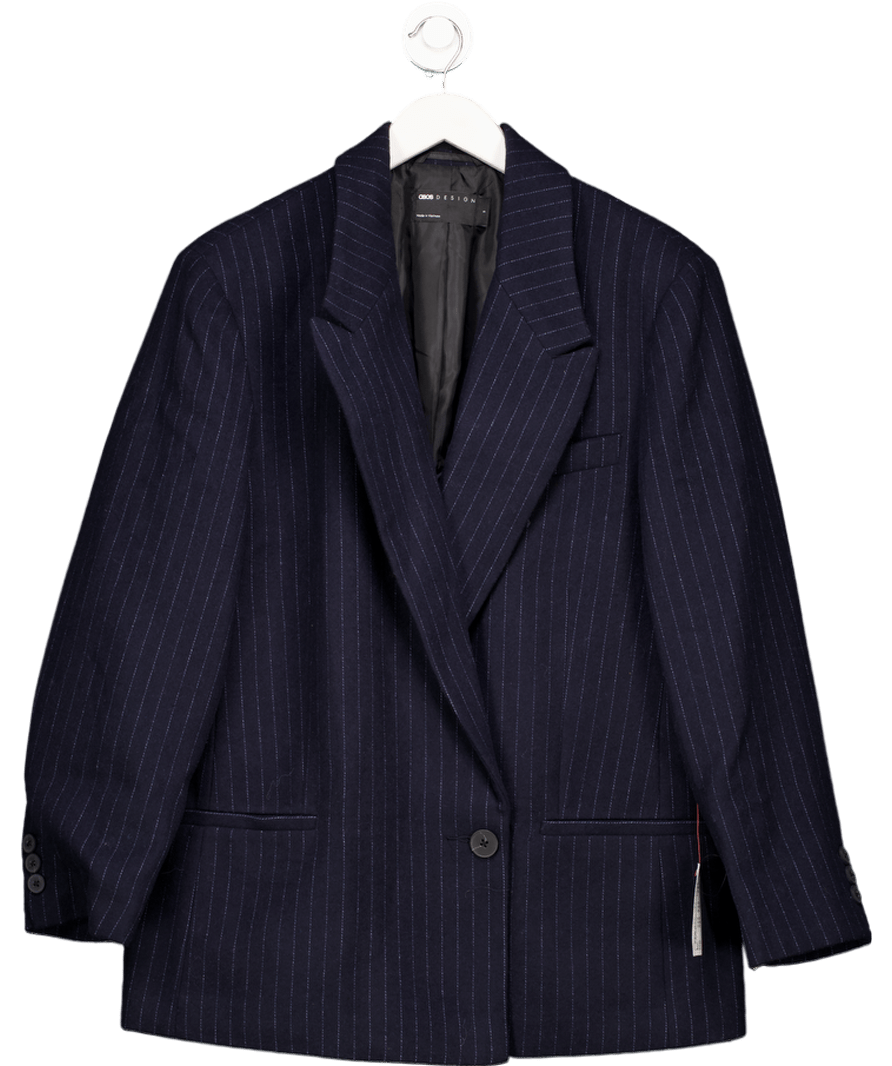 ASOS Blue Design Wool Blend Pinstripe Oversize Formal Blazer In Navy UK S - Reliked