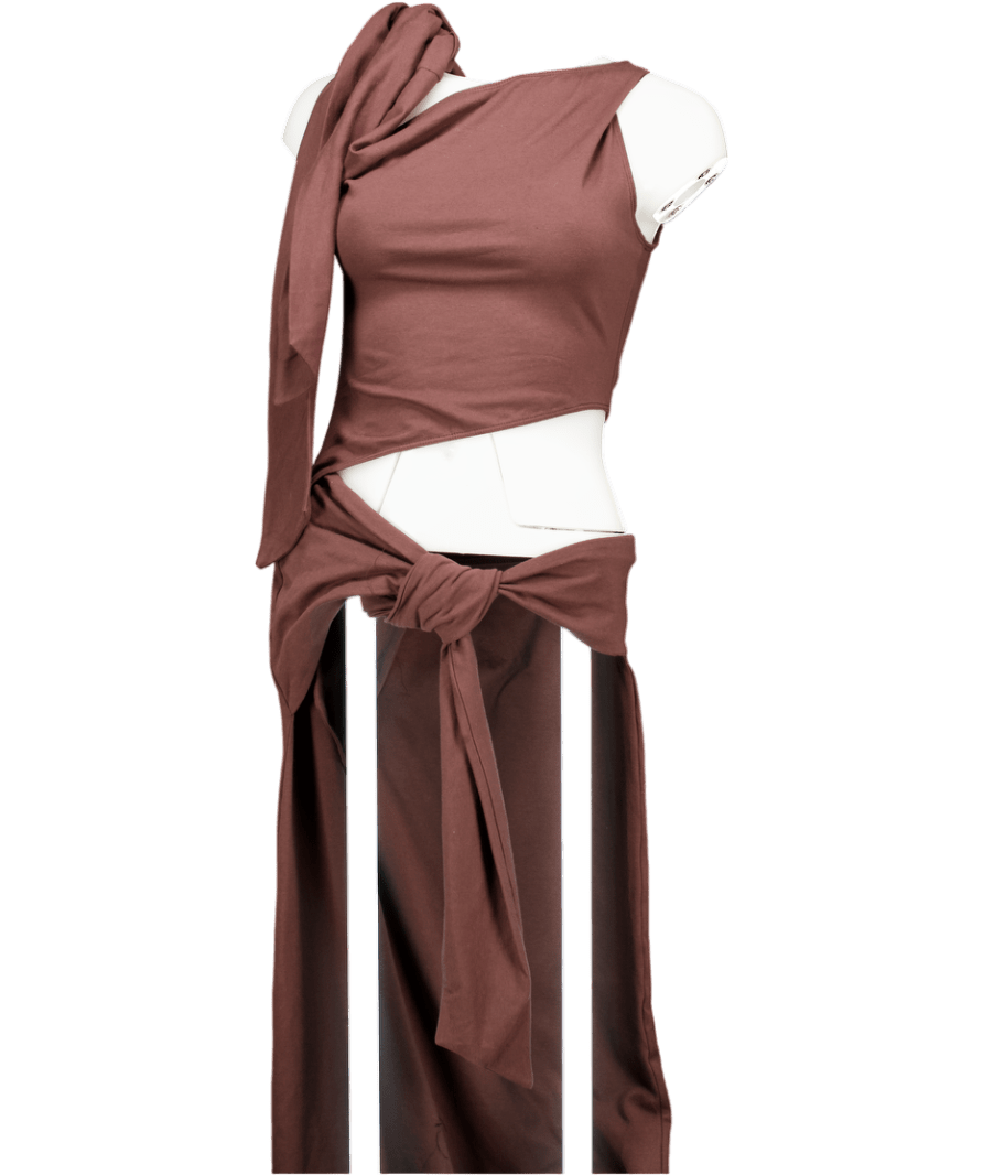 ASOS Brown Design Chocolate Cut Out One Sleeve Knot Front Dress UK S - Reliked