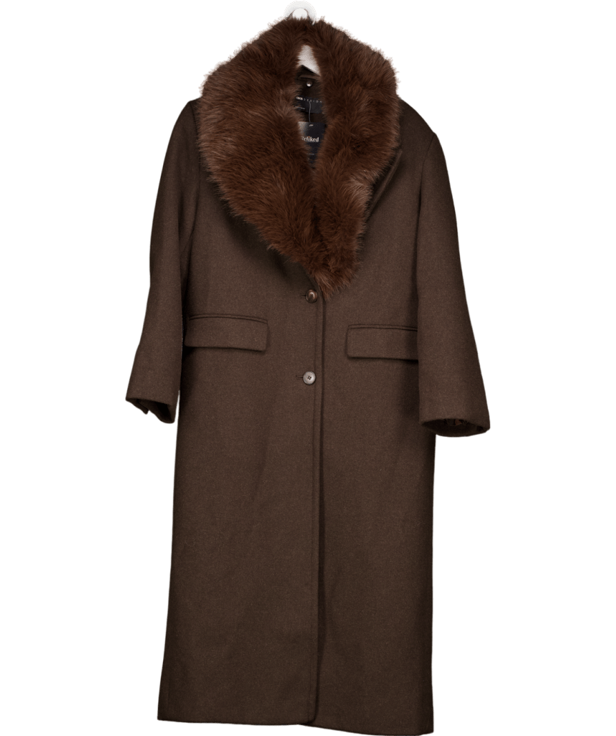 ASOS Brown Design Wool Blend Dad Coat With Faux Fur Collar In Chocolate UK S - Reliked