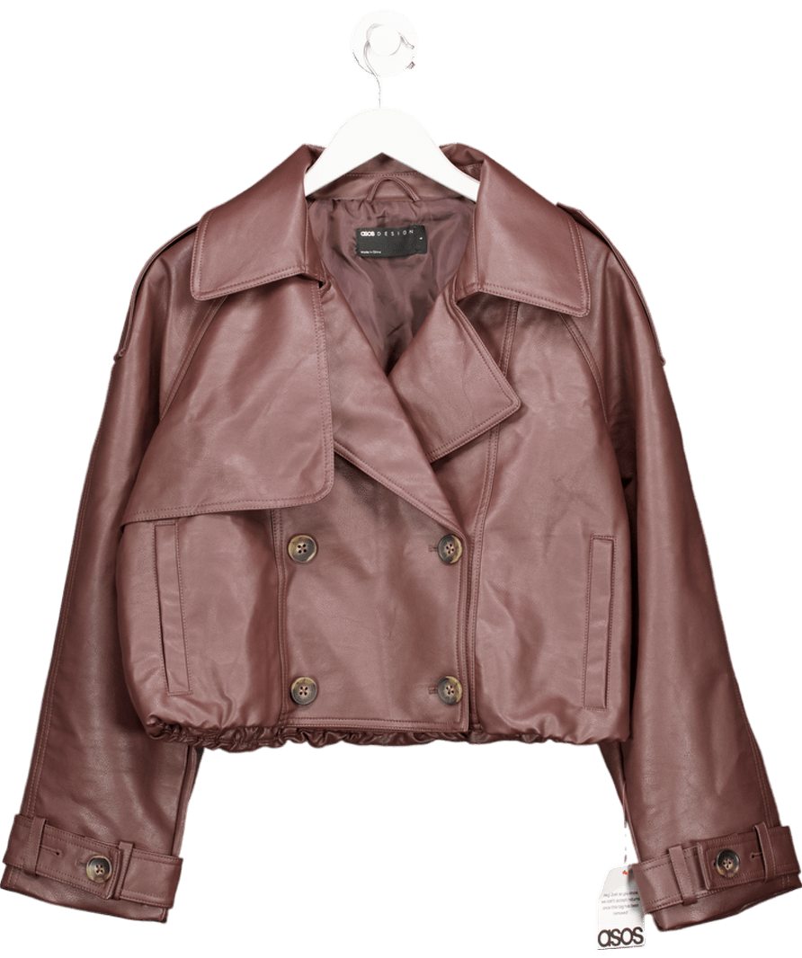 ASOS Brown Leather Look Bomber Trench Coat In Chocolate UK S - Reliked