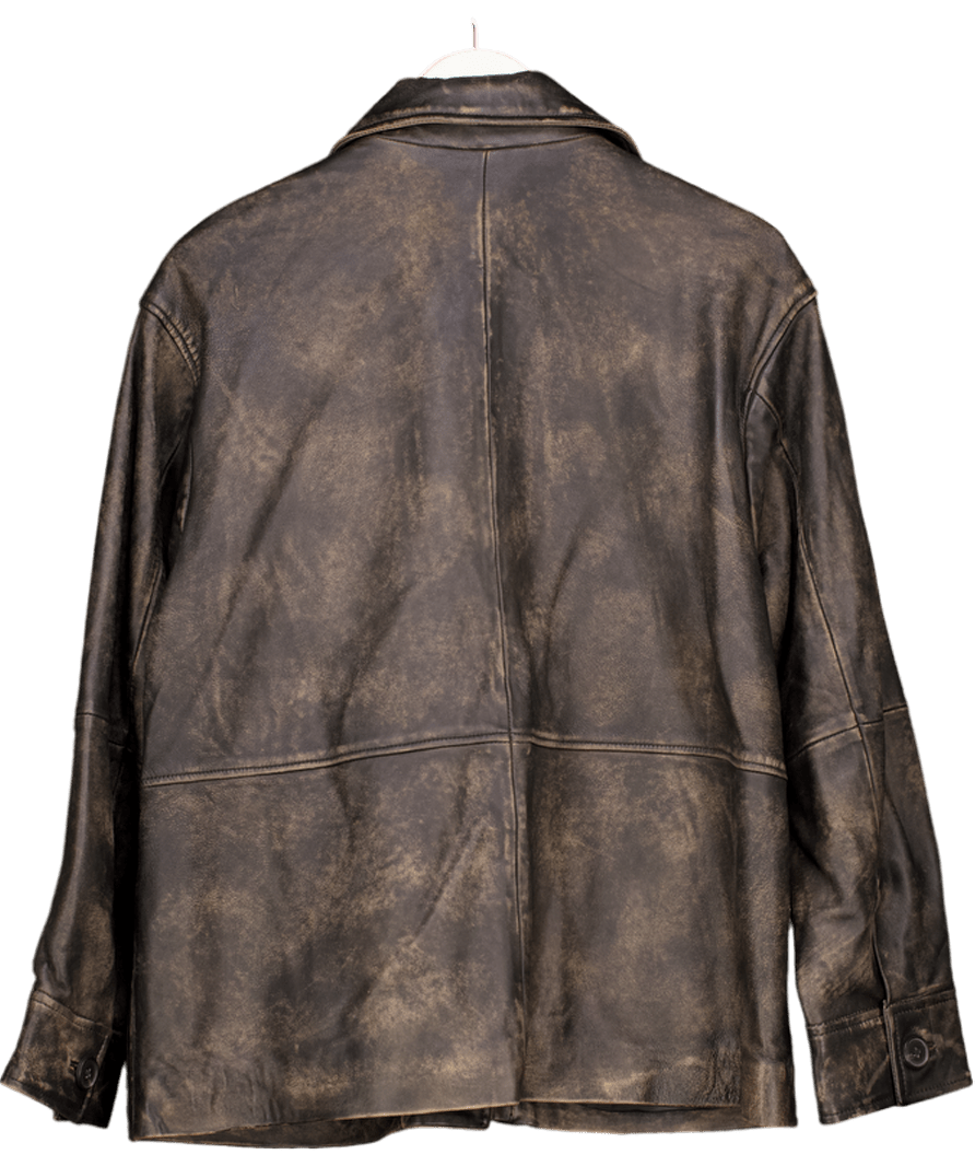 ASOS Brown Top Collar Real Leather Distressed Jacket In Washed Black UK S - Reliked