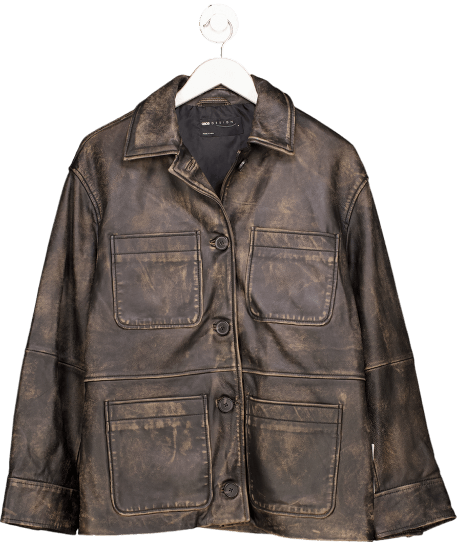ASOS Brown Top Collar Real Leather Distressed Jacket In Washed Black UK S - Reliked