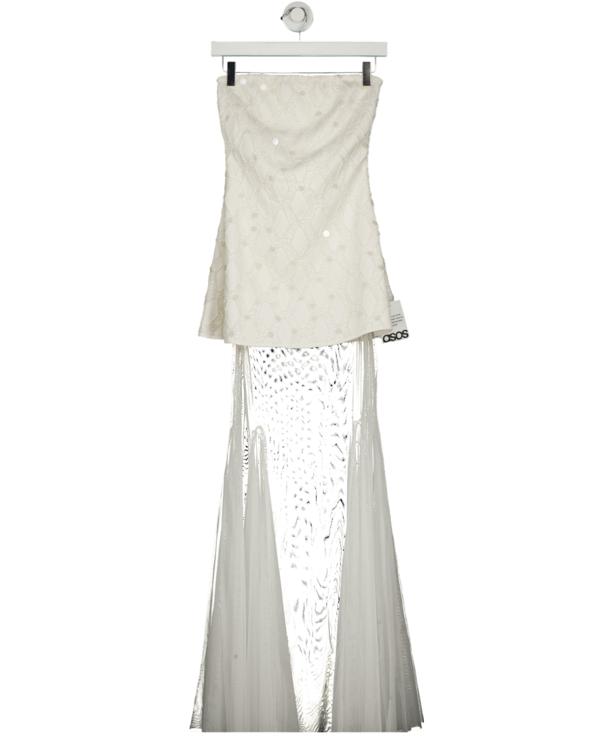 ASOS Cutwork Embellished Structured Maxi Dress With Sheer Full Skirt In White UK 8 - Reliked
