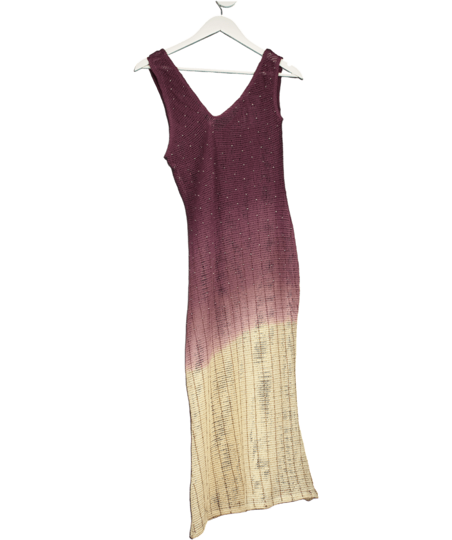 ASOS Diamante Embellished Crochet Slash Shoulder Midi Dress In Pink Ombre Print UK 6 - Reliked