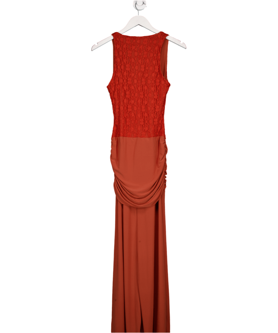 ASOS Orange Deep V - neck Maxi Dress With Sheer Lace Bodice And Ruched Skirt In Rust UK 8 - Reliked