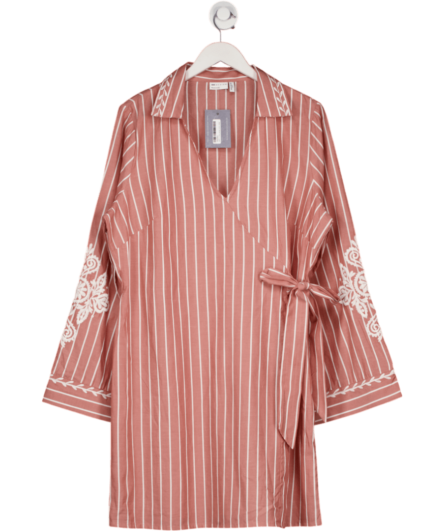 ASOS Red Curve Embroidered Wrap Shirt Mini Dress With Wide Cuff In Stripe UK 18 - Reliked