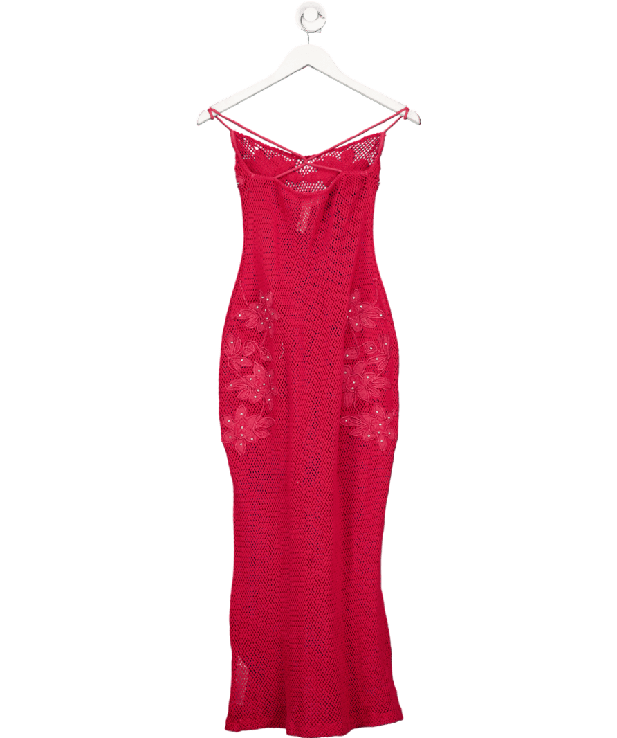 ASOS Strappy Diamante Embellished Crochet Midi Dress With Embroidered Flowers In Berry Red UK 6 - Reliked