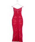 ASOS Strappy Diamante Embellished Crochet Midi Dress With Embroidered Flowers In Berry Red UK 6 - Reliked