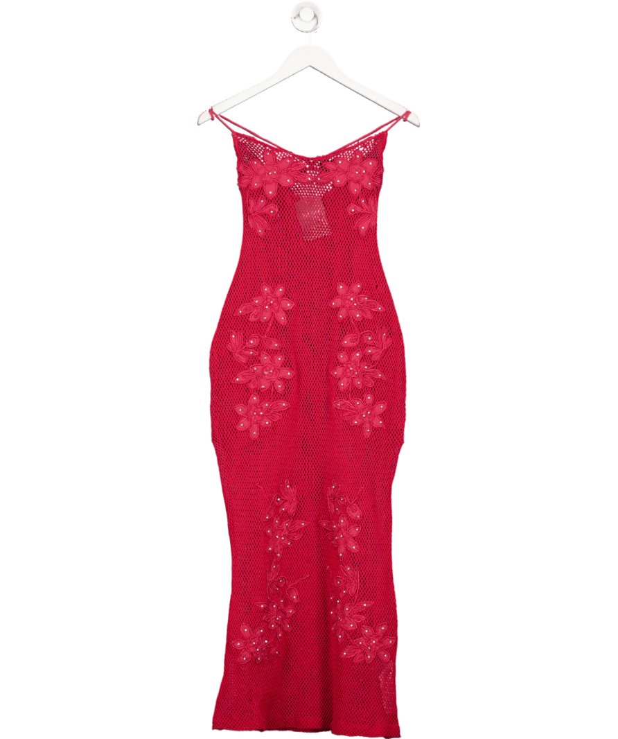 ASOS Strappy Diamante Embellished Crochet Midi Dress With Embroidered Flowers In Berry Red UK 6 - Reliked