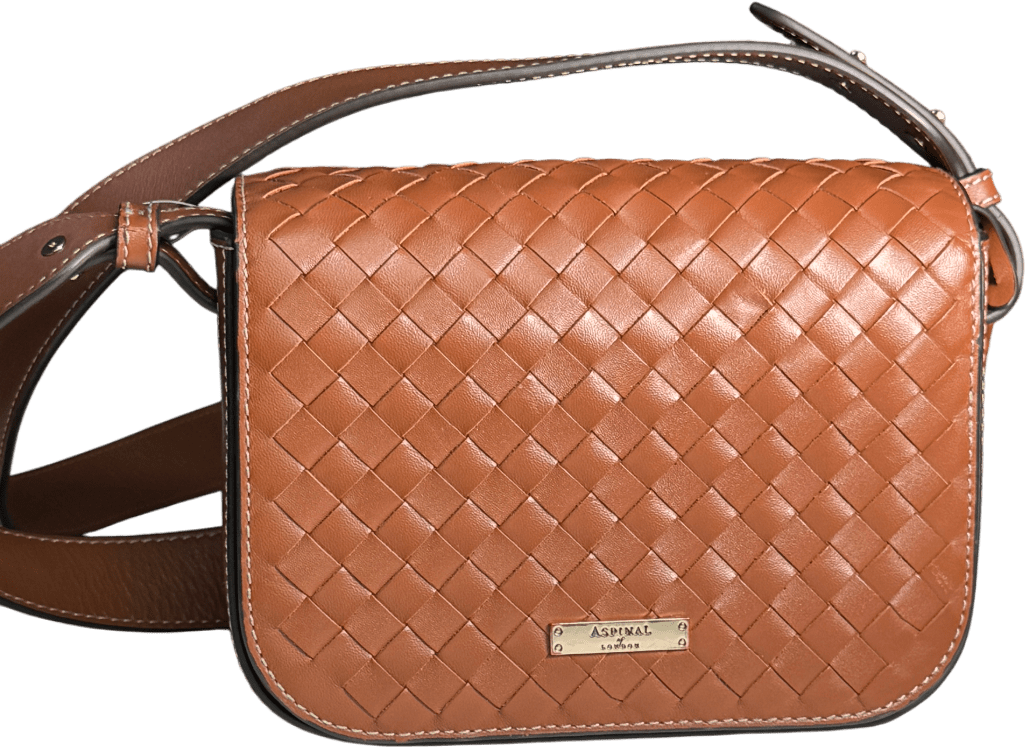 Aspinal Of London Brown Ella Crossbody Tan Woven Leather Bag - Reliked