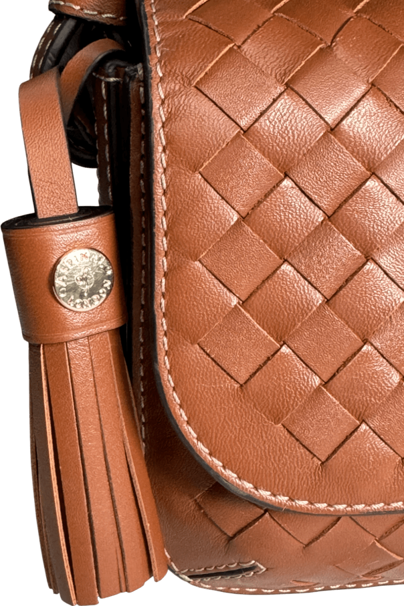 Aspinal Of London Brown Ella Crossbody Tan Woven Leather Bag - Reliked