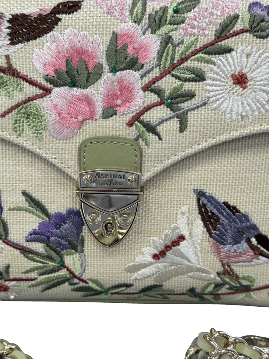 Aspinal Of London Midi Mayfair English Garden Hand Embroidery On Canvas Raffia Handbag - Reliked