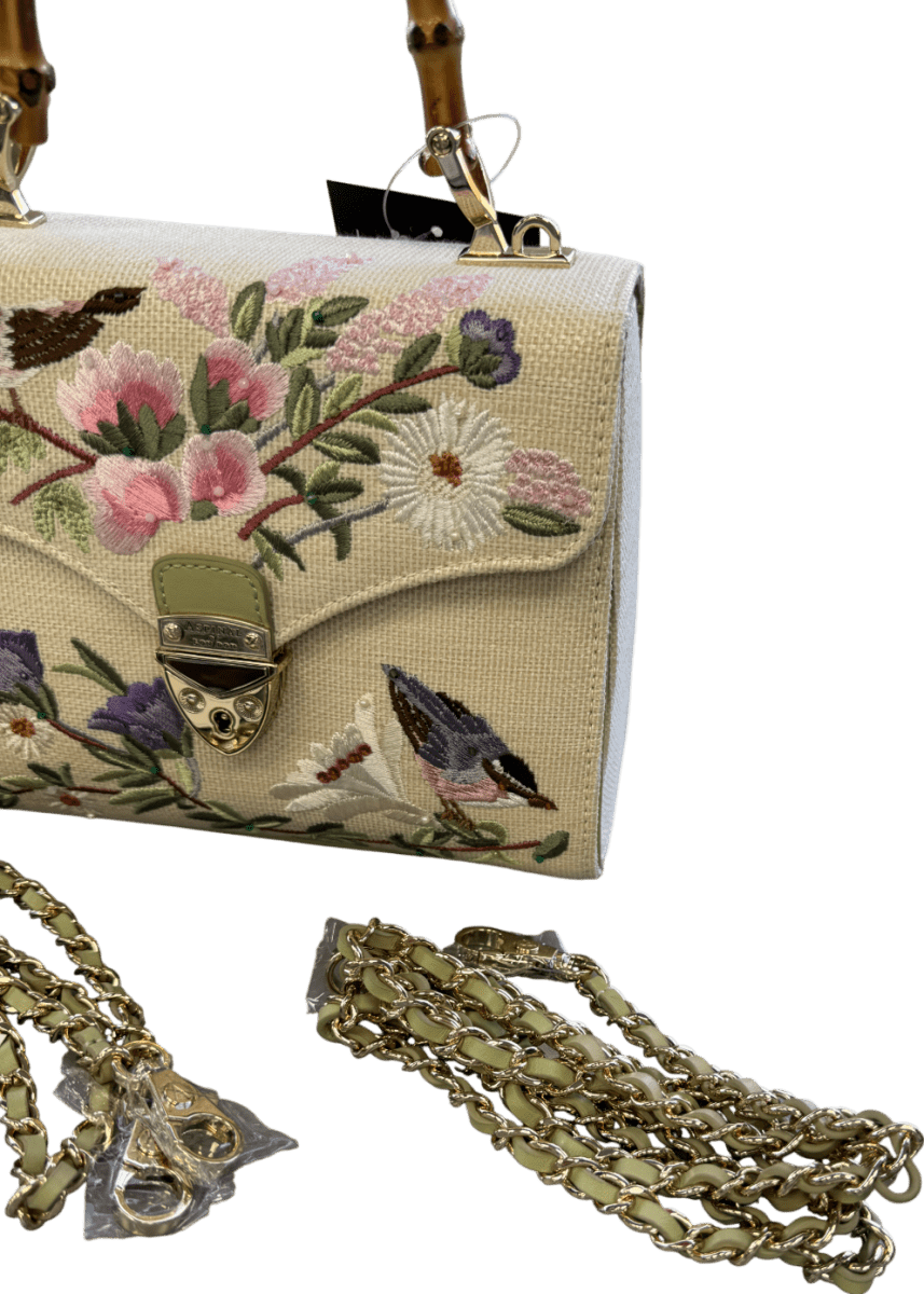 Aspinal Of London Midi Mayfair English Garden Hand Embroidery On Canvas Raffia Handbag - Reliked