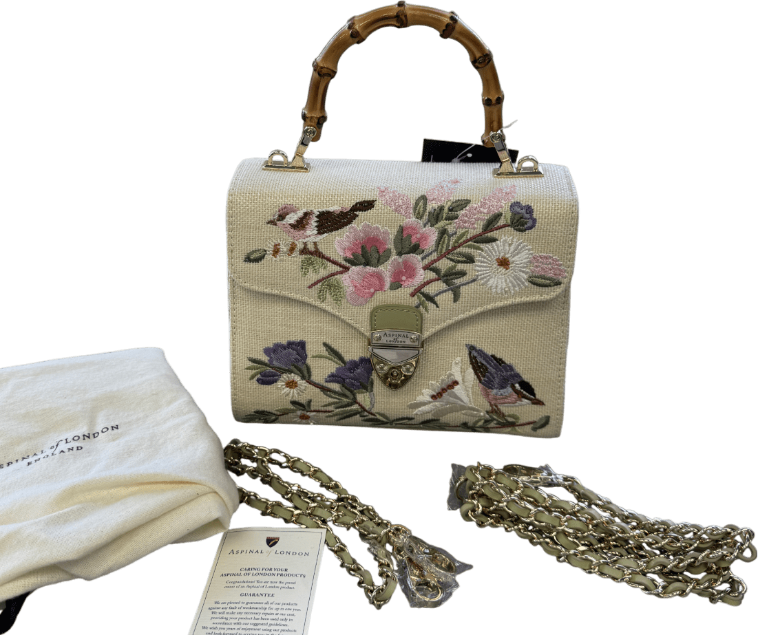 Aspinal Of London Midi Mayfair English Garden Hand Embroidery On Canvas Raffia Handbag - Reliked