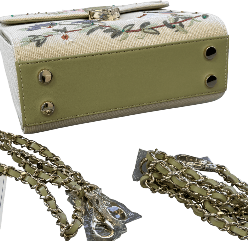 Aspinal Of London Midi Mayfair English Garden Hand Embroidery On Canvas Raffia Handbag - Reliked