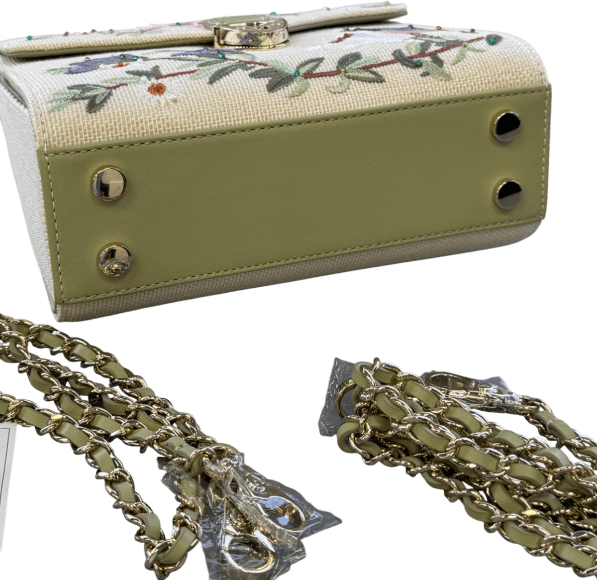 Aspinal Of London Midi Mayfair English Garden Hand Embroidery On Canvas Raffia Handbag - Reliked