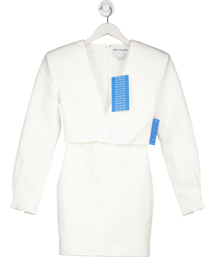 Atelier Ninety FIve White Long Sleeve Mini Dress With Shoulder Pads UK XS - Reliked