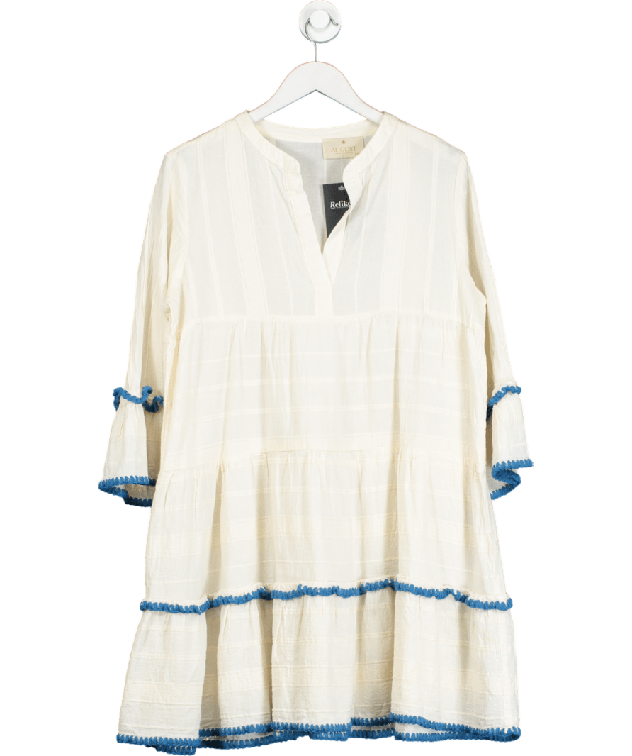 August Resortwear Cream / Blue Tiered Cover Up Dress UK S/M - Reliked