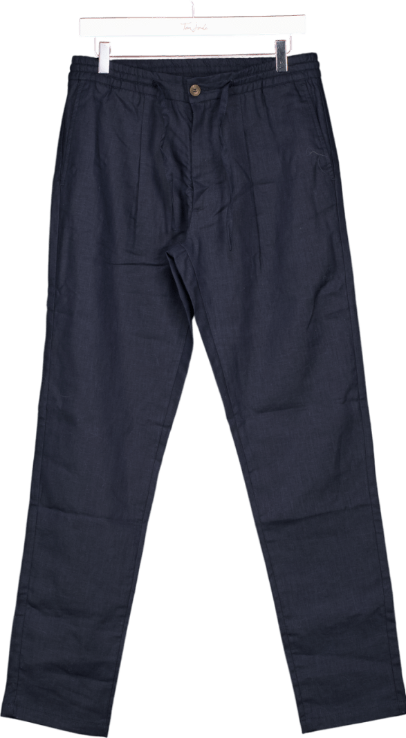 Aurelien Navy Blue Linen Seaside Trousers UK S - Reliked