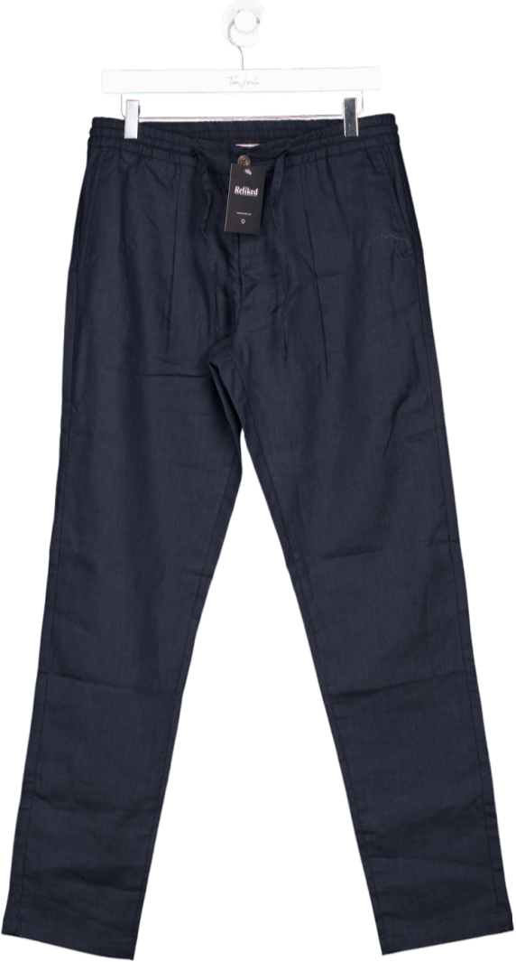 Aurelien Navy Blue Linen Seaside Trousers UK S - Reliked