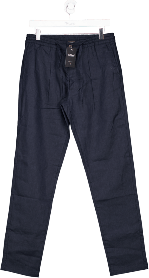 Aurelien Navy Blue Linen Seaside Trousers UK S - Reliked